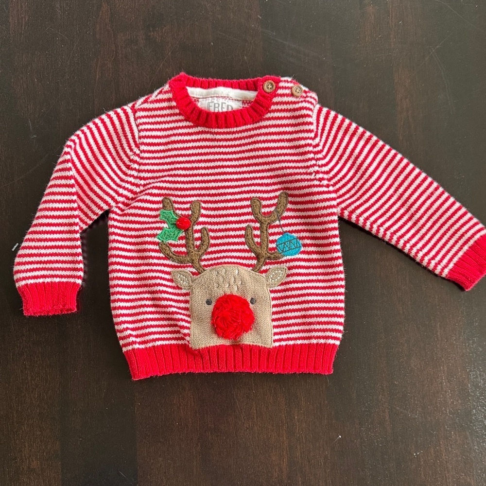 Kids Red Striped Sweater with Reindeer Appliqué